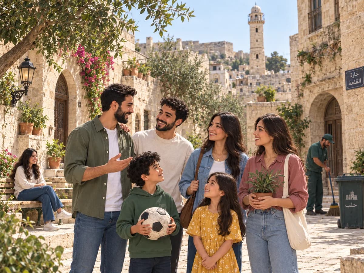 مشهد بصري واقعي مستوحى من أحياء حلب يجمع شبابًا وأطفالًا من أهل الحي