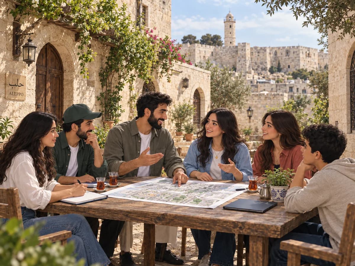 شباب من أهل الحي يناقشون خطة مبادرة مجتمعية في أجواء مستوحاة من حلب